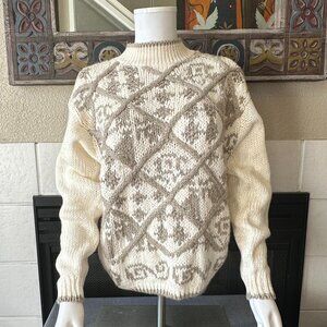 VTG 80s 90s NWT Nuggets Chunky Knit Sweater Mock Cottagecore L ivory tan pattern